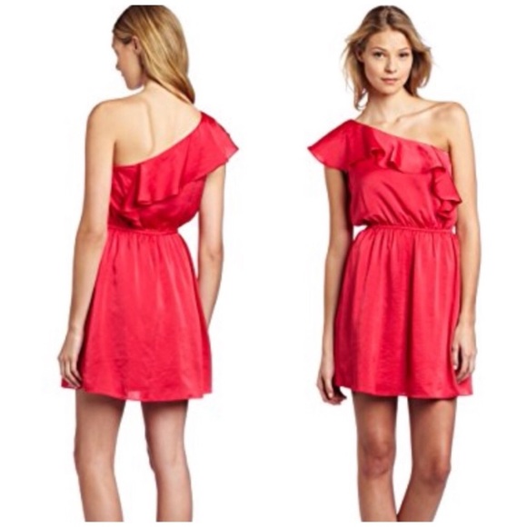 BCBGeneration One-Shoulder Ruffle Mini Dress Lollipop RED sz M EUC - Picture 1 of 10